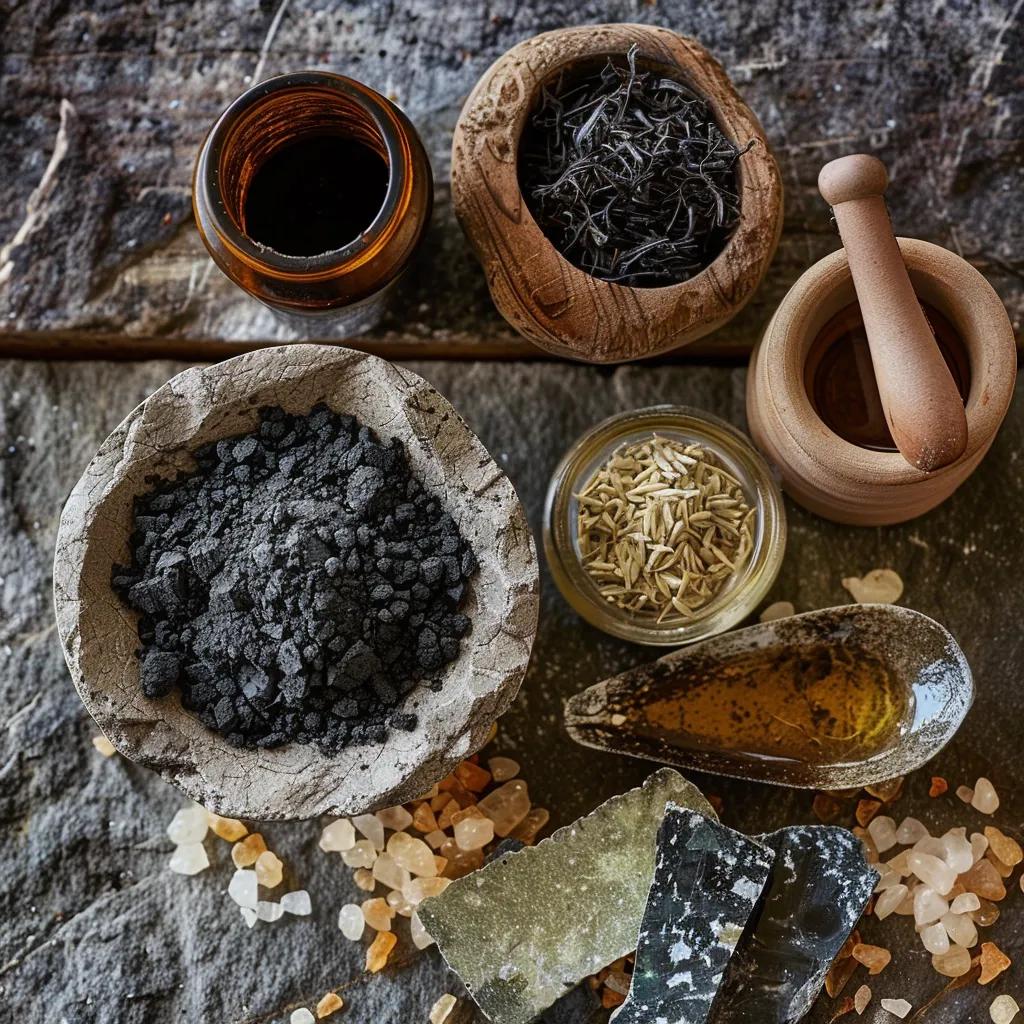 A collection of natural ingredients for detox body wraps, including purifying bentonite clay, revitalizing seaweed extract, and calming essential oils, highlighting their holistic benefits