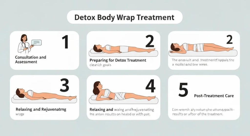 A visual guide illustrating the five key stages of the detox body wrap treatment process