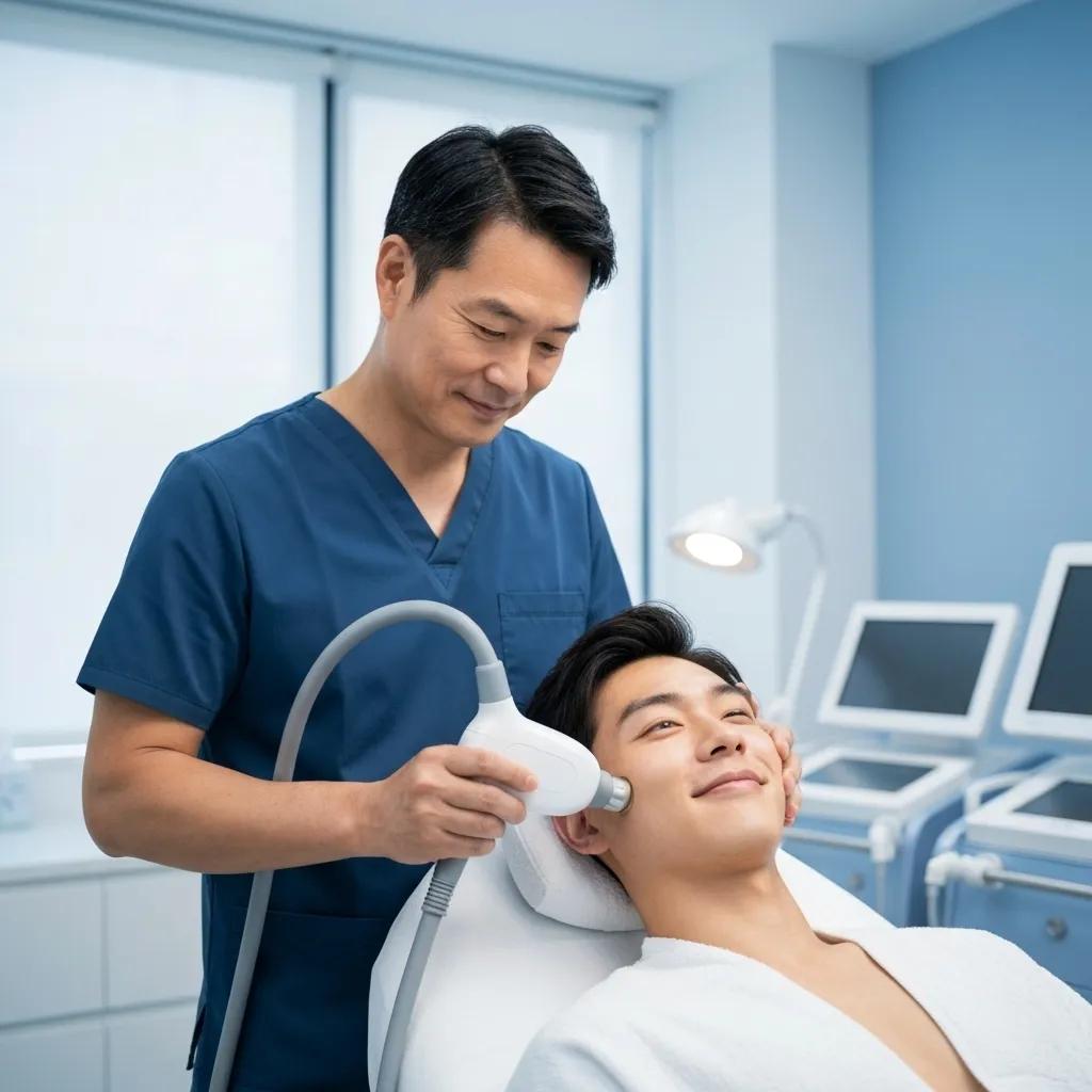 A beauty professional performing a non-invasive radiofrequency treatment on a client's face for anti-aging benefits
