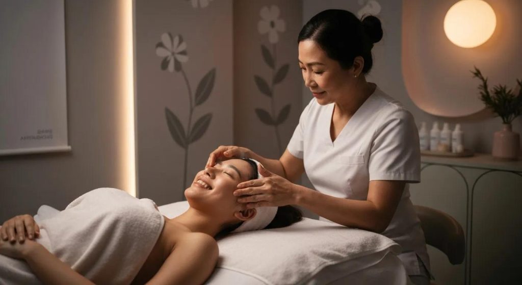 A serene spa setting showcasing a woman enjoying a rejuvenating facial treatment for anti-aging