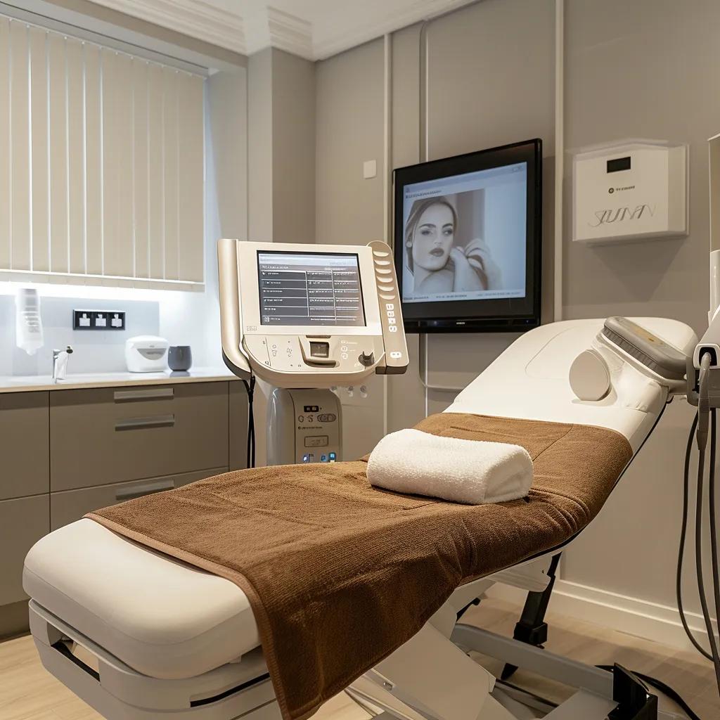 A modern clinic setting showcasing a non-surgical body contouring treatment, illustrating the gentle application of radiofrequency techniques for body sculpting