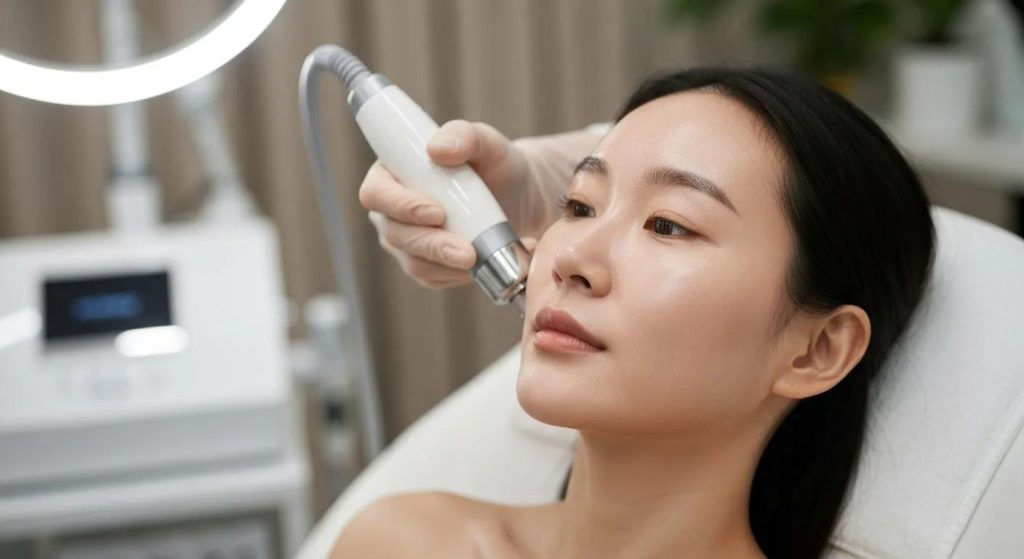 Client receiving non-surgical skin tightening treatment for youthful appearance