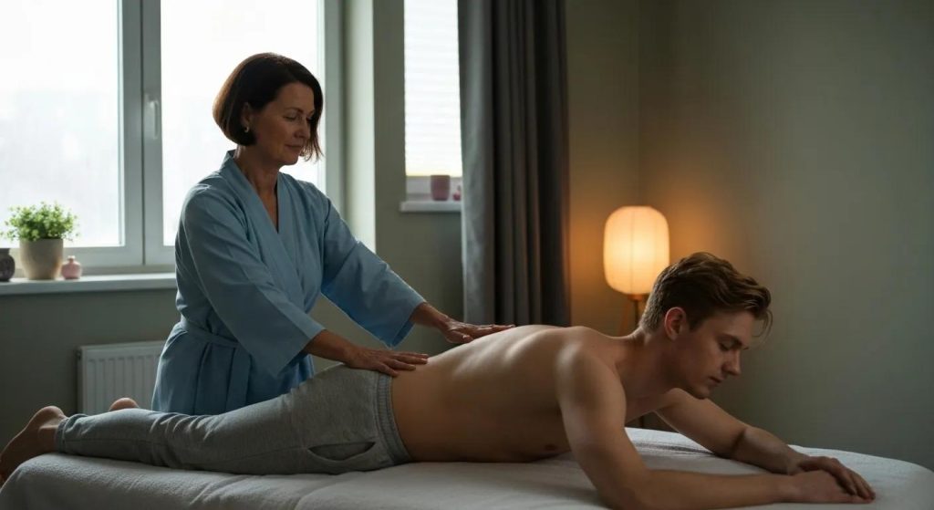 Reiki healing session in a tranquil treatment room with a practitioner and client