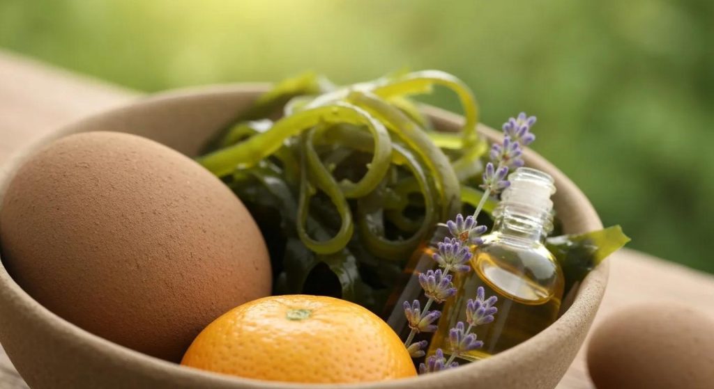 Natural ingredients for detox body wraps including bentonite clay, seaweed, lavender oil, and grapefruit oil