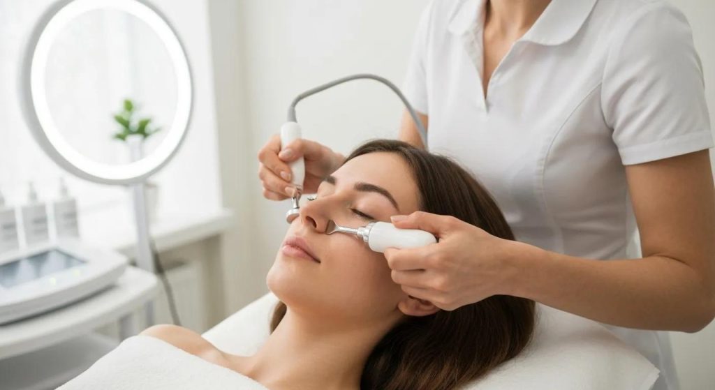 Microcurrent facial treatment demonstrating wrinkle reduction techniques