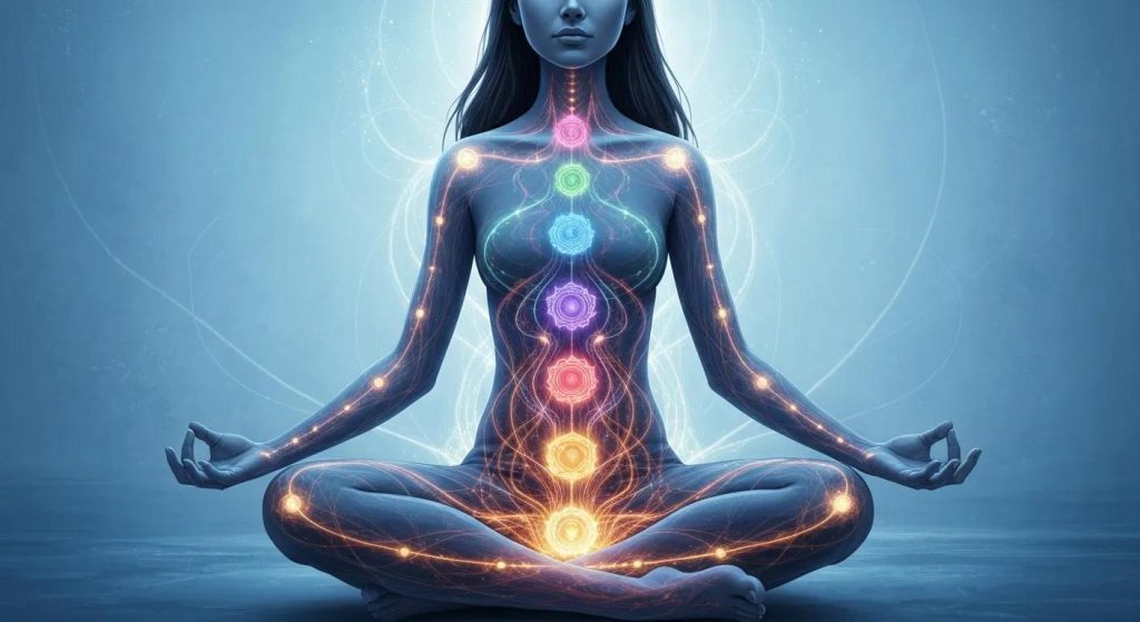 Artistic representation of chakras and energy flow in a meditative person