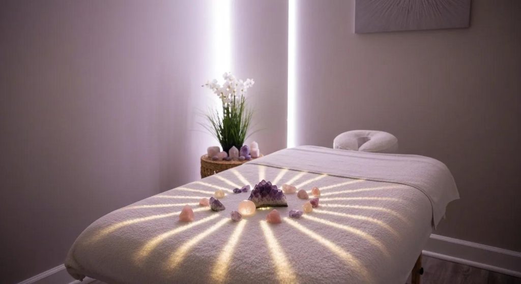 Tranquil Reiki healing space with massage table, crystals, and calming decor