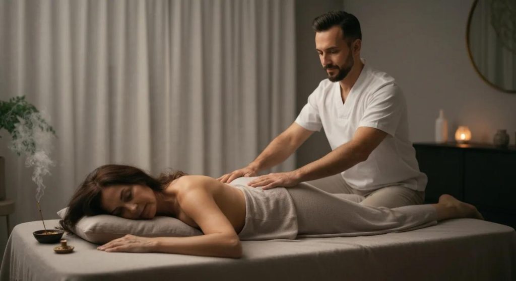 Client experiencing a typical Reiki session with a practitioner in a serene environment