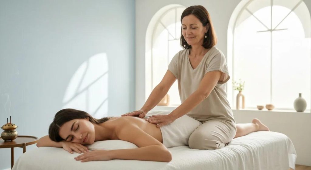 Tranquil Reiki healing session in a serene treatment room with a practitioner and client