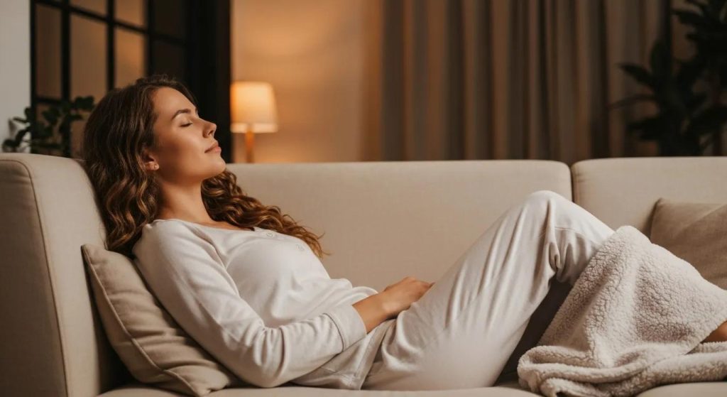 Satisfied client relaxing after an ear candling session, showcasing tranquility and comfort