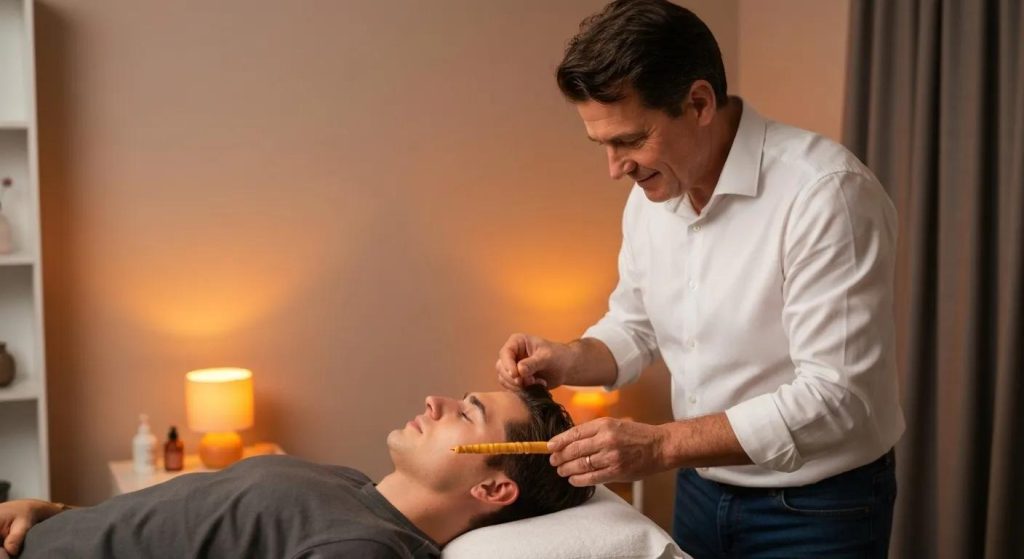 Therapist lighting beeswax ear candle during a relaxing ear candling session