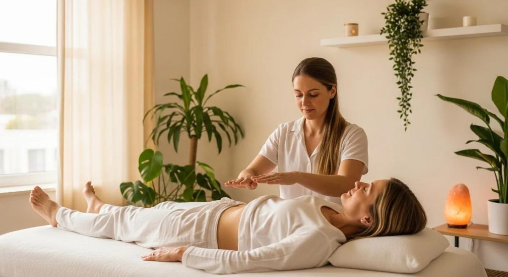 Woman receiving a Reiki session for holistic anti-ageing support in a calming setting