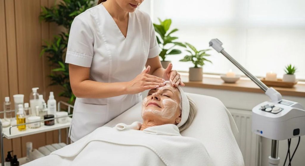 Aesthetician providing a personalized facial treatment to an older woman