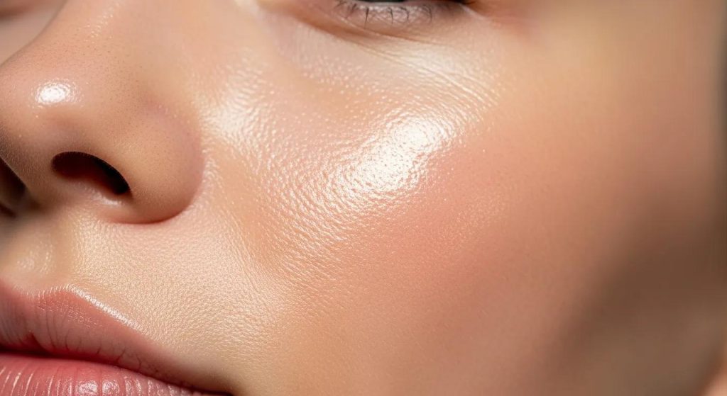 Close-up of glowing skin after a facial treatment, showcasing radiance and health