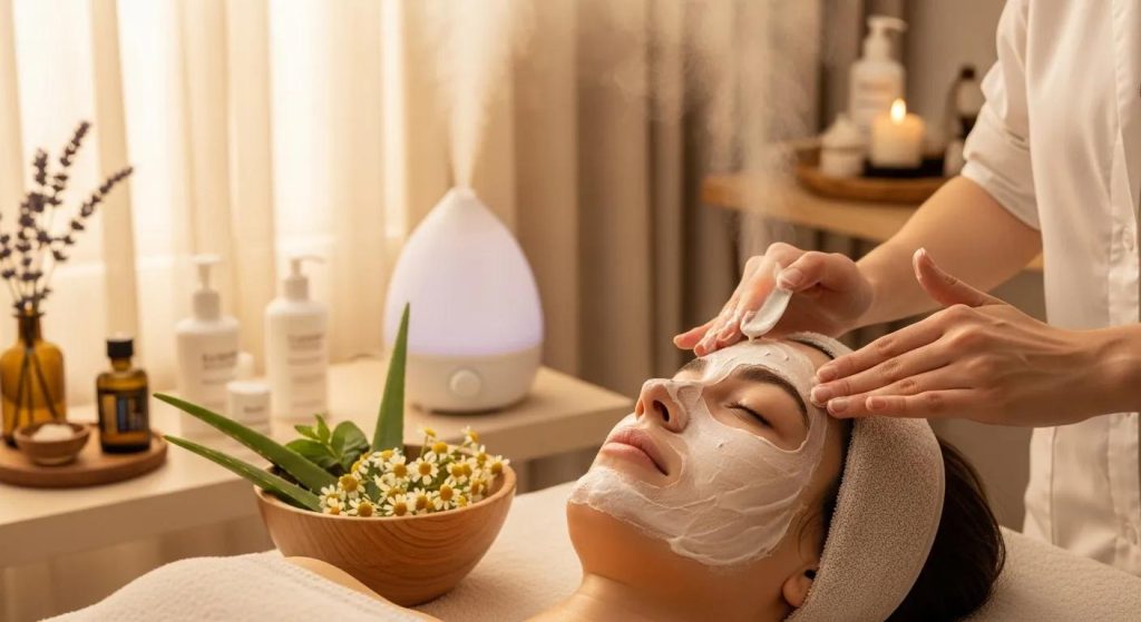 Spa treatment for sensitive skin with a focus on calming facial care