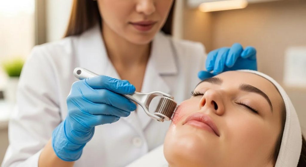 Skincare professional performing skin needling to enhance skin firmness and elasticity