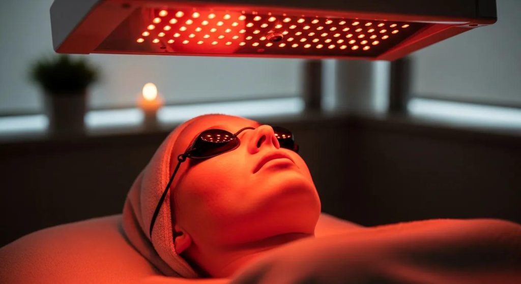 Client receiving LED light therapy for redness reduction in skincare