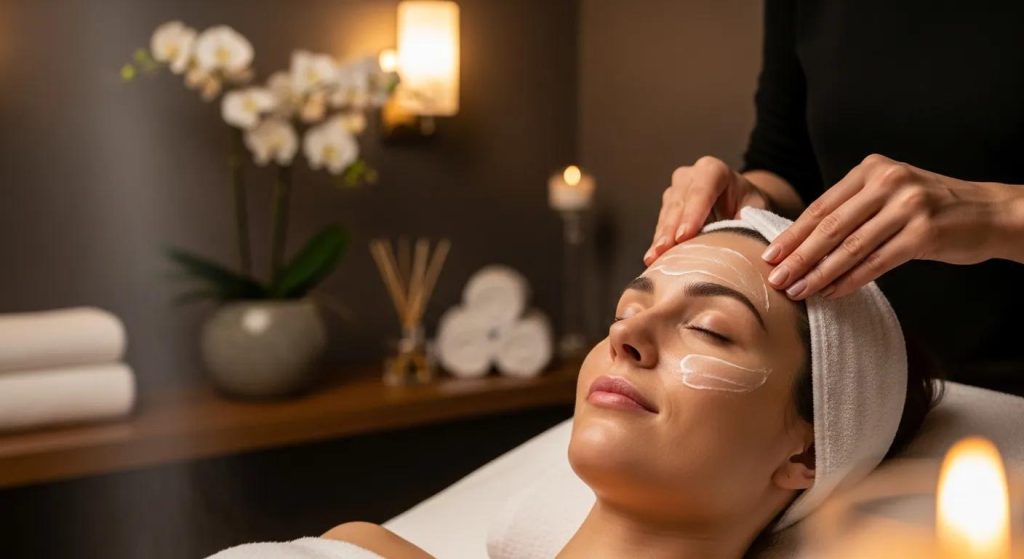Woman enjoying an anti-ageing facial treatment in a tranquil spa environment