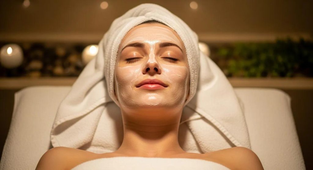 Woman enjoying a rejuvenating facial treatment in a tranquil spa environment