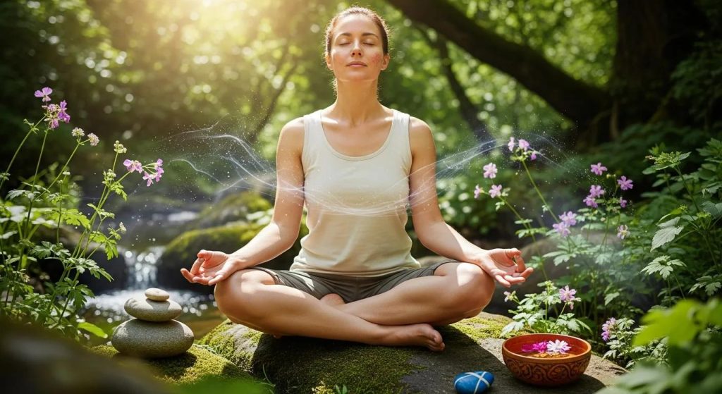 Person meditating in nature, illustrating the connection between holistic practices and skin health