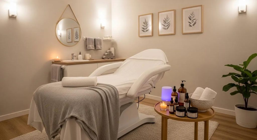 Cozy treatment room prepared for a facial session, emphasizing relaxation and care