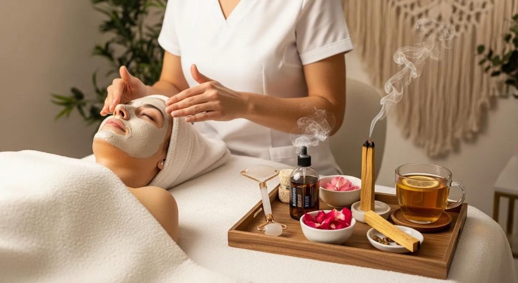 Holistic skincare session combining facial treatment and wellness practices