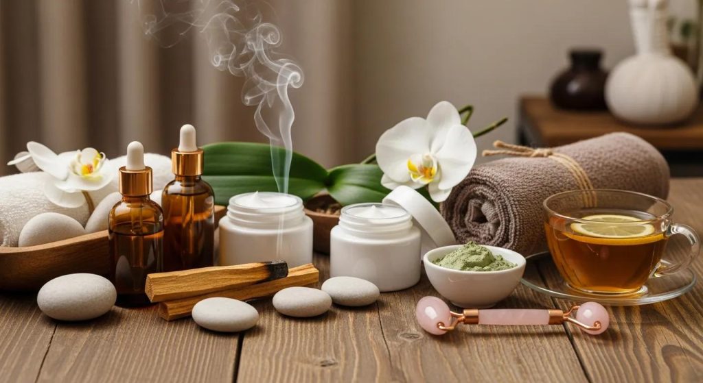 Spa setting with facial skincare products emphasizing holistic beauty and self-care