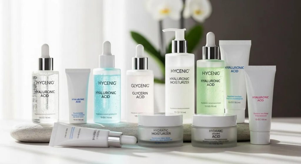 Variety of facial skincare products including hyaluronic acid serums and moisturisers, emphasizing hydration and skin health, displayed on a light background with a neutral aesthetic.
