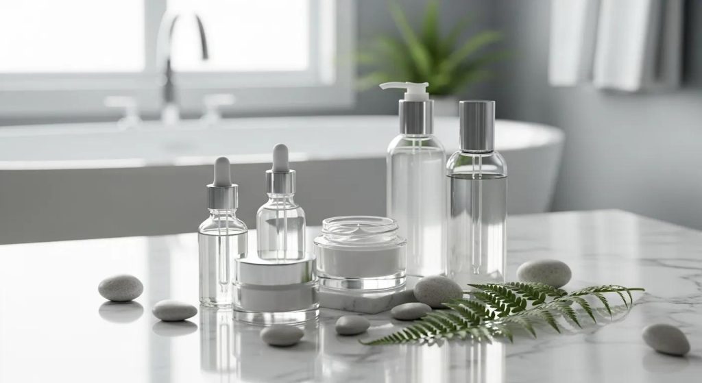 Assortment of clear skincare bottles and jars on marble surface, featuring hydrating serums and moisturisers, with pebbles and fern accents, relevant to facial skin care and hydration in Fairfield.