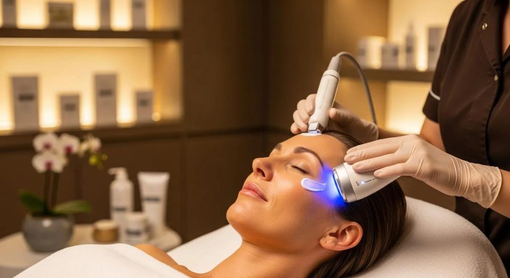 Woman receiving anti-ageing rejuvenating treatment with a handheld device in a beauty clinic, showcasing modern skincare technology for fresher, firmer skin.