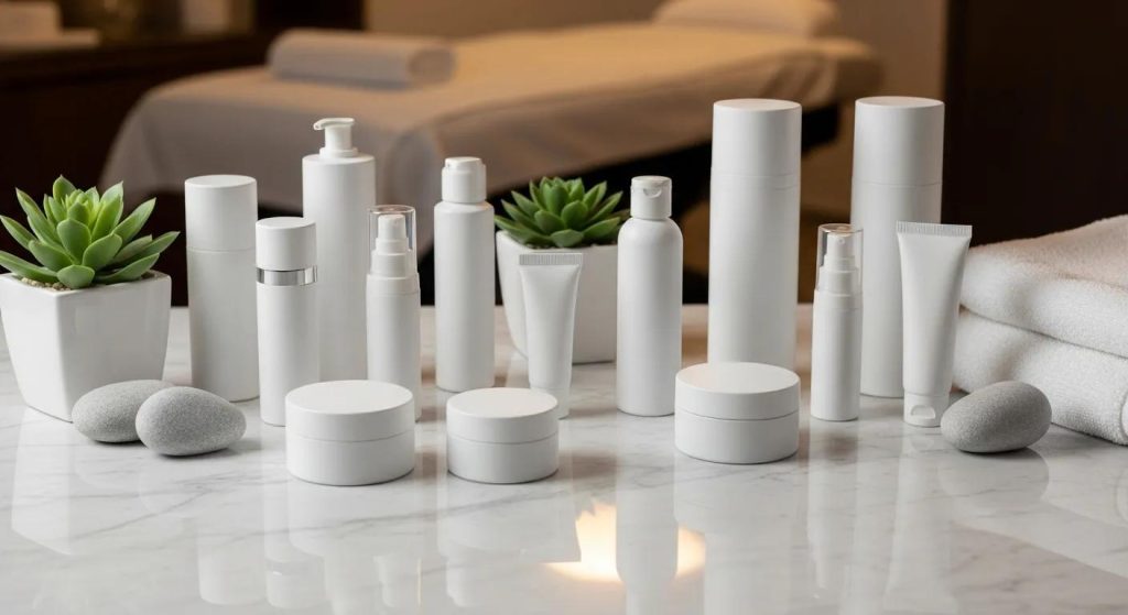 Assortment of professional skincare products on marble countertop, featuring white containers and tubes, with succulents and smooth stones, in a spa setting, highlighting personalized facial treatments.