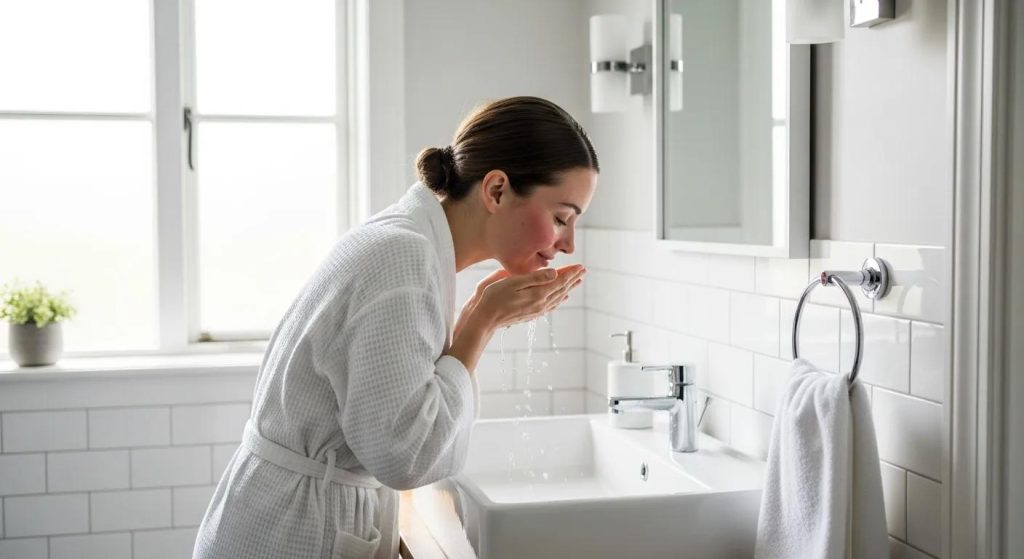 Woman gently cleansing her face at a bathroom sink, emphasizing post-facial skincare routine and hydration.