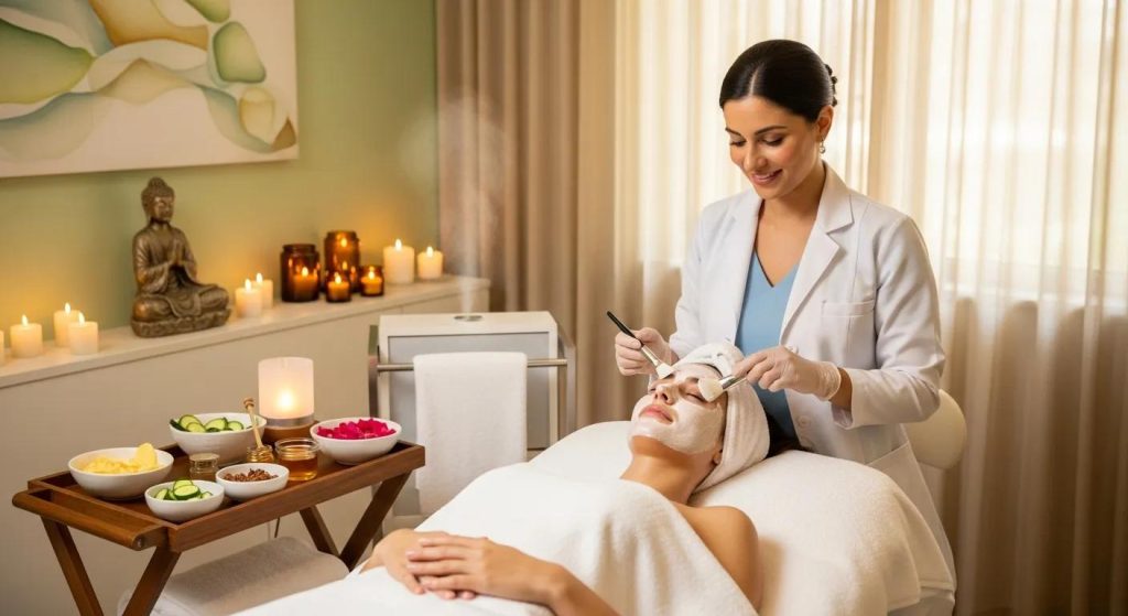 Woman receiving personalized facial treatment in a serene spa setting, with candles and natural skincare products, emphasizing results-driven skin care at The Beauty Haven in Auburn.