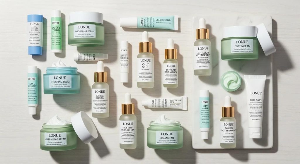 Variety of facial products for different skin types including hydrating creams and anti-ageing serums