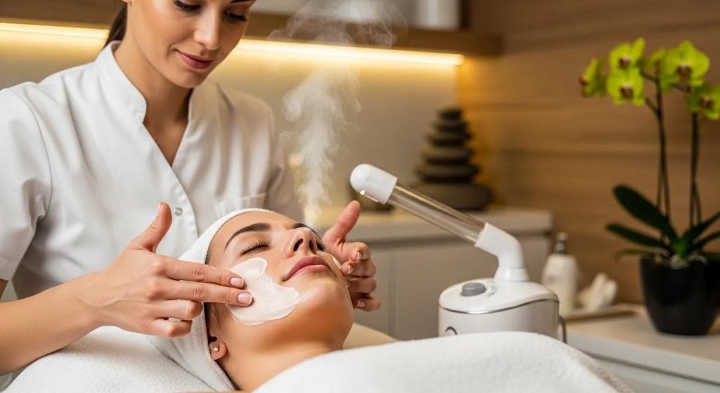 Client receiving a personalised facial treatment in a serene spa environment