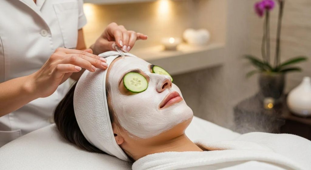 Woman enjoying a rejuvenating facial treatment in a tranquil spa environment