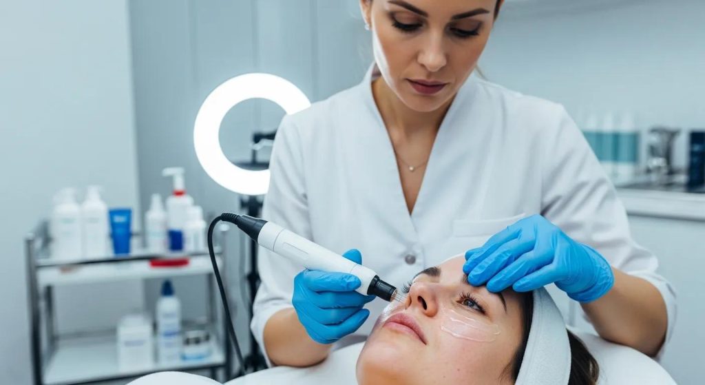Skincare professional performing non-surgical skin tightening treatment on a client's face using a microneedling device in a modern beauty clinic setting.