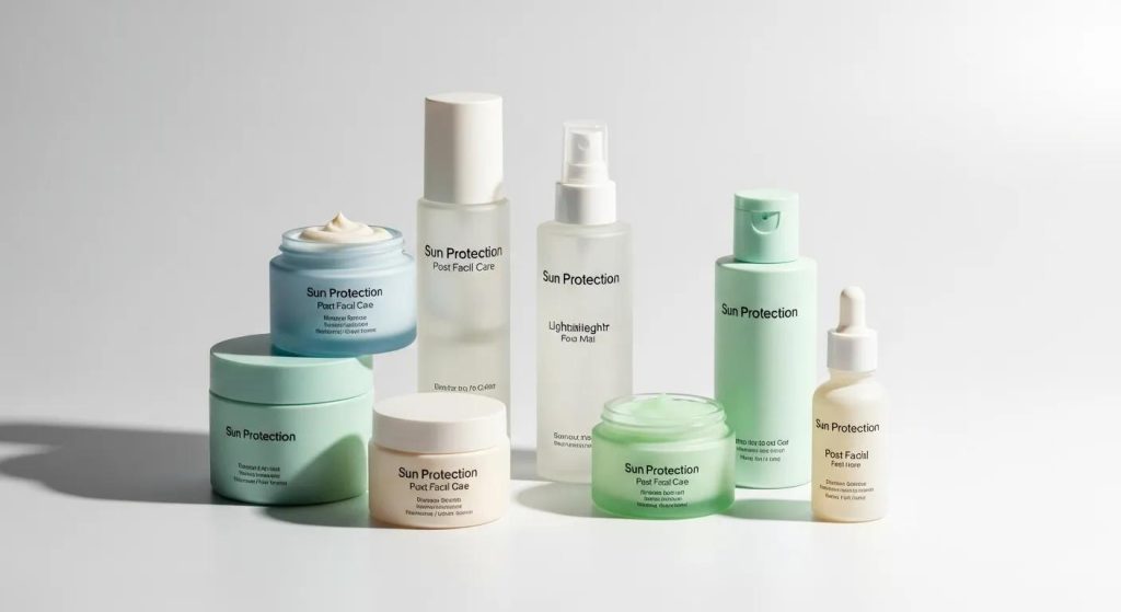 Assortment of sun protection skincare products labeled "Post Facial Care," including creams and serums, emphasizing post-facial skincare routines for hydration and protection.