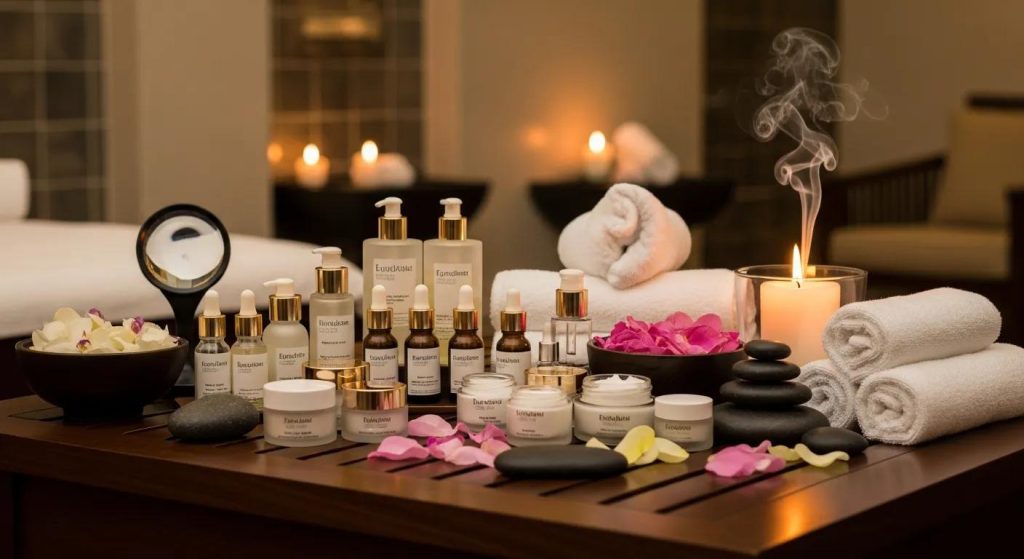 Array of facial spa products and treatments arranged on a treatment table in a luxurious spa setting