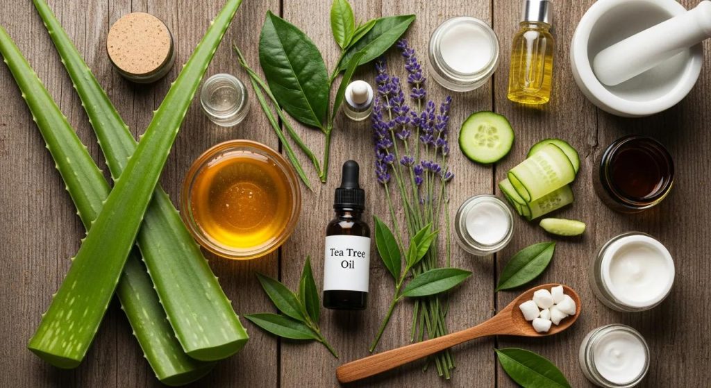 Natural ingredients for facial skin care including aloe vera, tea tree oil, and honey