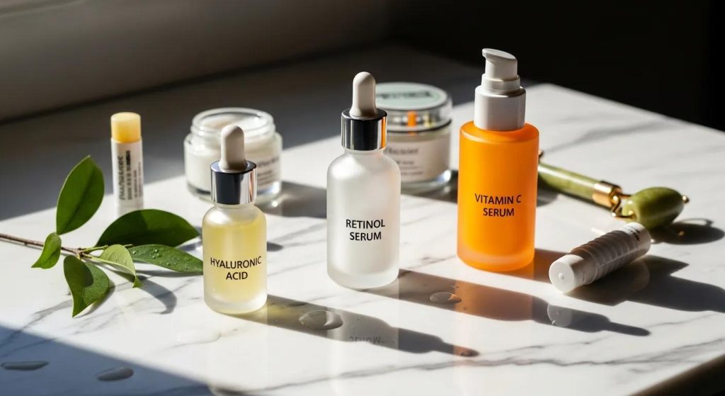 Hyaluronic acid, retinol, and vitamin C serums displayed on marble surface, highlighting effective anti-ageing skincare ingredients relevant to The Beauty Haven's treatments.