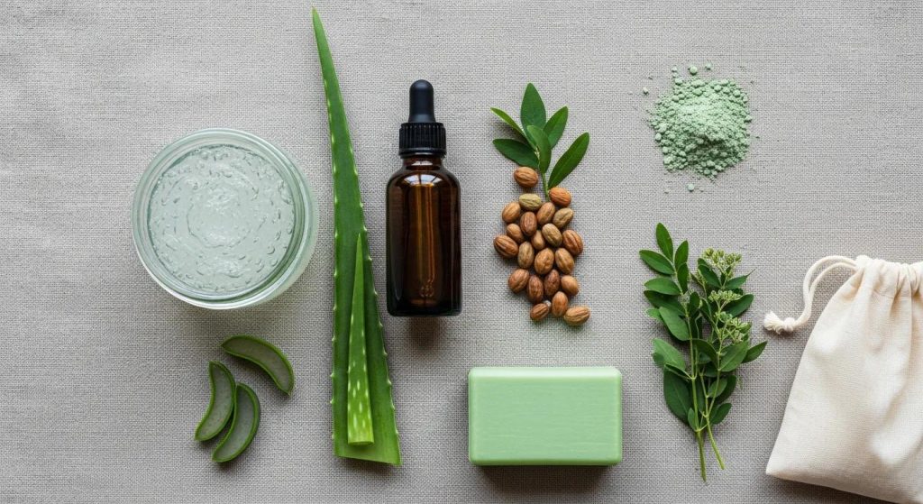 Natural skincare ingredients including aloe vera gel, jojoba oil, green clay powder, almond nuts, and a green soap bar arranged on a neutral background, emphasizing effective facial care for smooth skin texture and hydration.