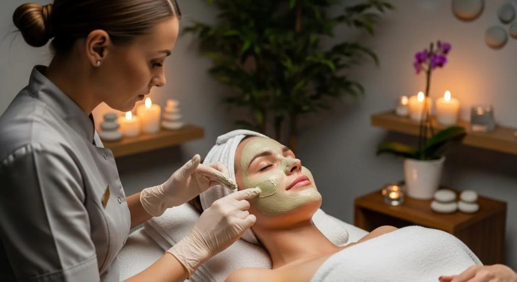 Woman receiving a facial treatment with green mask applied, skincare professional applying product, calming spa environment with candles and plants, related to post-facial skincare routine in Bankstown.