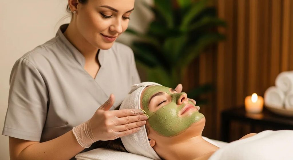 Spa facial treatment with a therapist applying a natural mask to a relaxed client