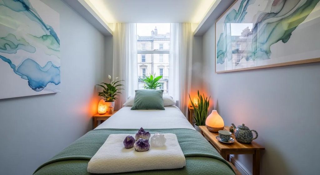 Reiki healing room with calming decor, massage table, crystals, plants, and ambient lighting, promoting relaxation and anxiety relief at The Beauty Haven in Liverpool.