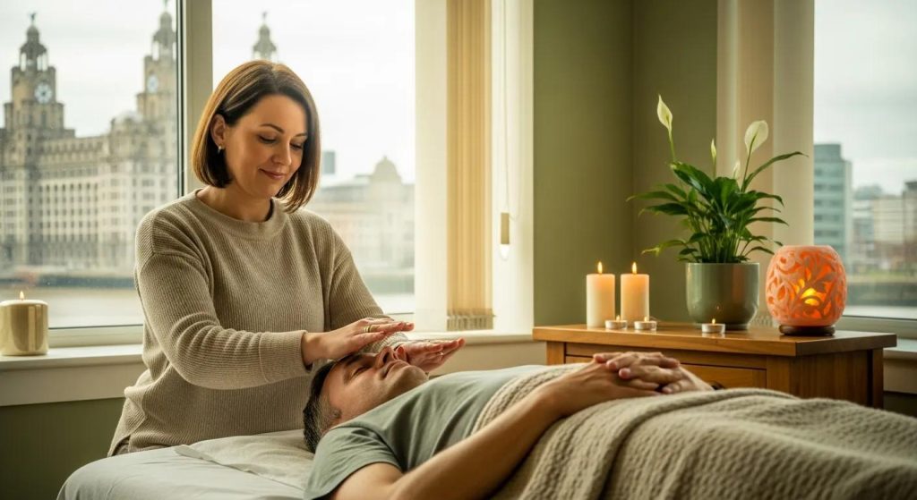 Woman performing Reiki healing on a man in a serene wellness setting with candles and plants, Liverpool skyline visible through the window, promoting relaxation and energy balance.