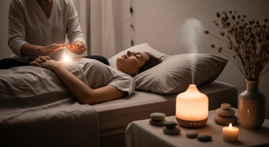 Reiki healing session with practitioner using gentle hand placements on a client's chest, promoting relaxation and energy flow, surrounded by calming aromatherapy diffuser and candles.