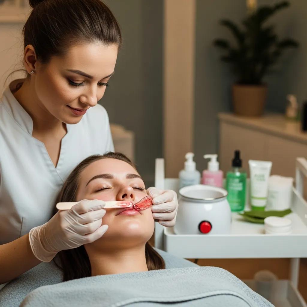 Aesthetician performing waxing on a client's sensitive skin, using tailored techniques for comfort and safety, with skincare products visible in the background.