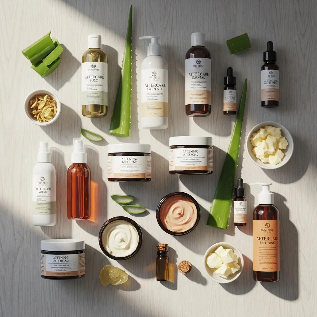 Aftercare products for waxing, including soothing gels, moisturizers, and aloe vera, arranged on a wooden surface, emphasizing skin care for maintaining smooth skin post-waxing.