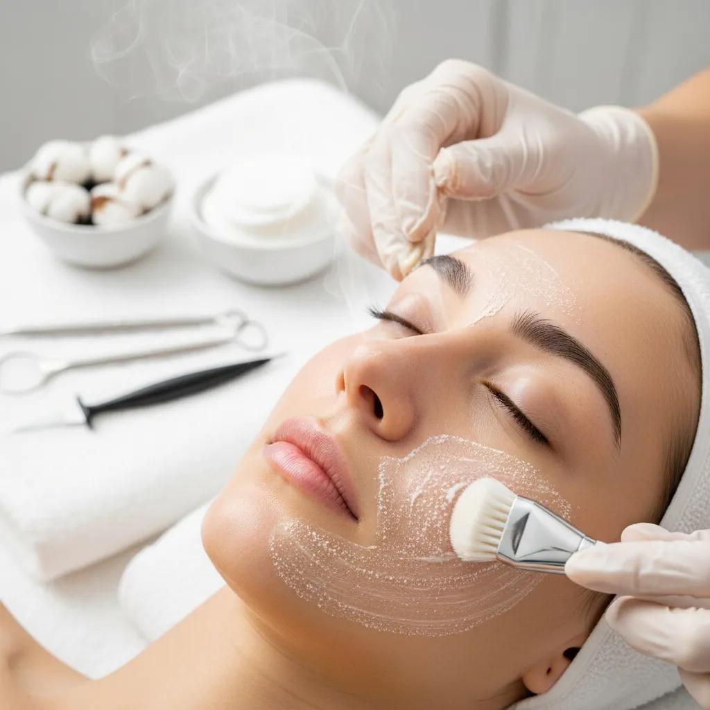 Close-up of a woman receiving a deep cleansing facial treatment with steam and exfoliation, featuring a beauty professional applying a product to her face, surrounded by skincare tools and bowls of treatment products.